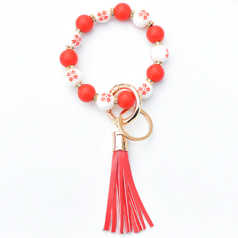 Wholesale Christmas Silicone Beaded Leather Tassel Wrist Keychain